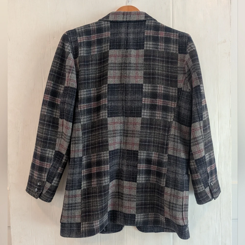 LIZ WEAR Navy & Gray Plaid Wool Blend Blazer Jacket Size 12